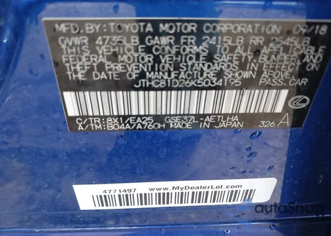 2019 Lexus Is 300 из США, поврежденный, VIN JTHC81D26K5034195